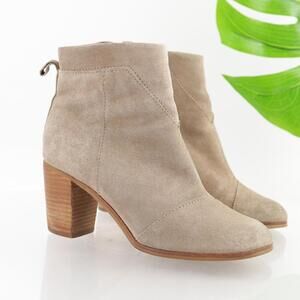 Toms Womens Boots Size 6.5 Taupe Tan Suede Booties Block Heel Boho Casual Comfy
